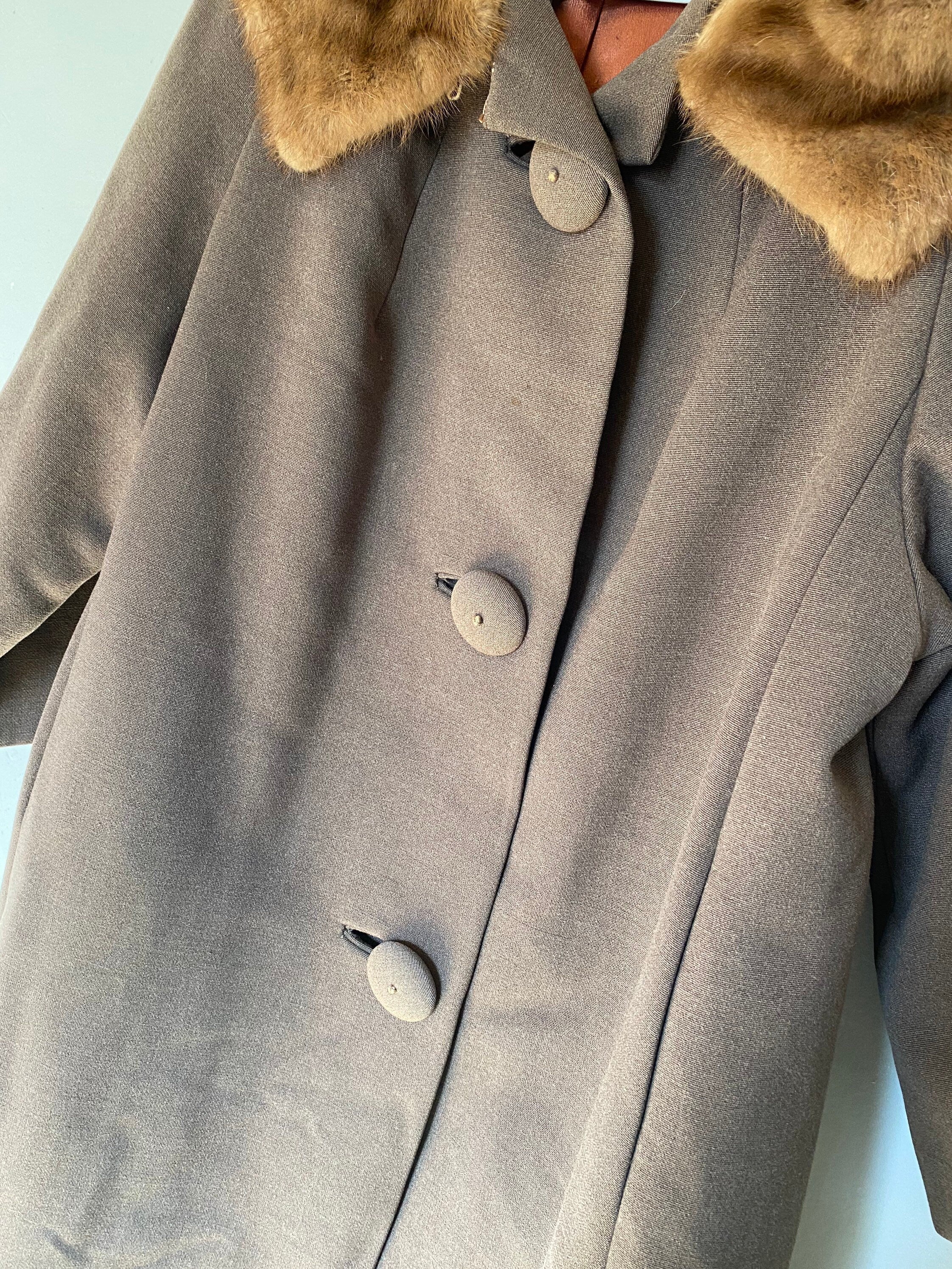 Vintage 1950s Peau De Faille Fur Collared Long Pea Coat Jacket