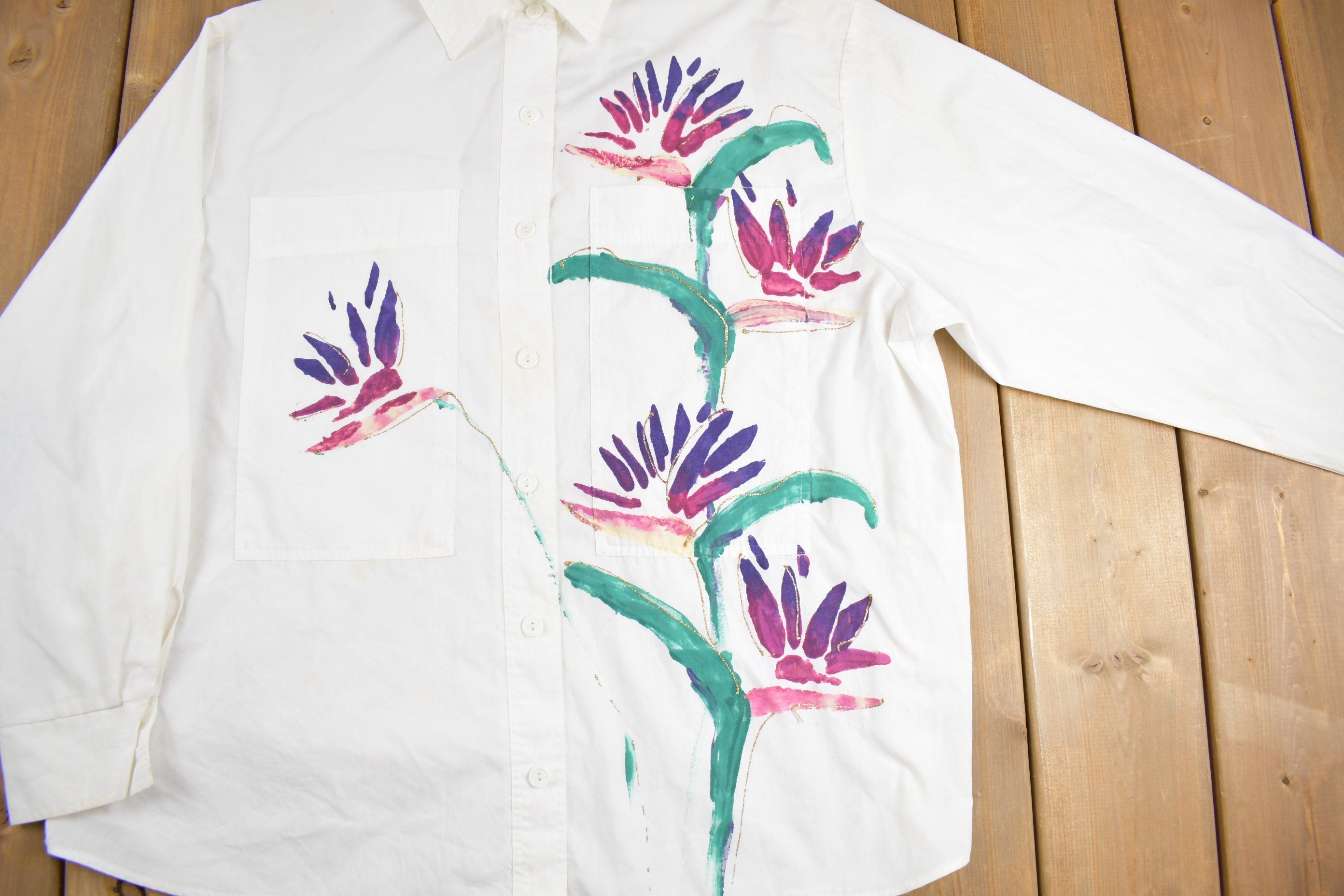 Vintage 1990s Hand Painted Floral Button Up Shirt
