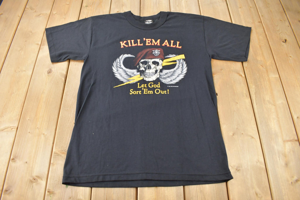 Vintage 1986 Military Skull Graphic Single Stitch T-Shirt Made In USA Size L