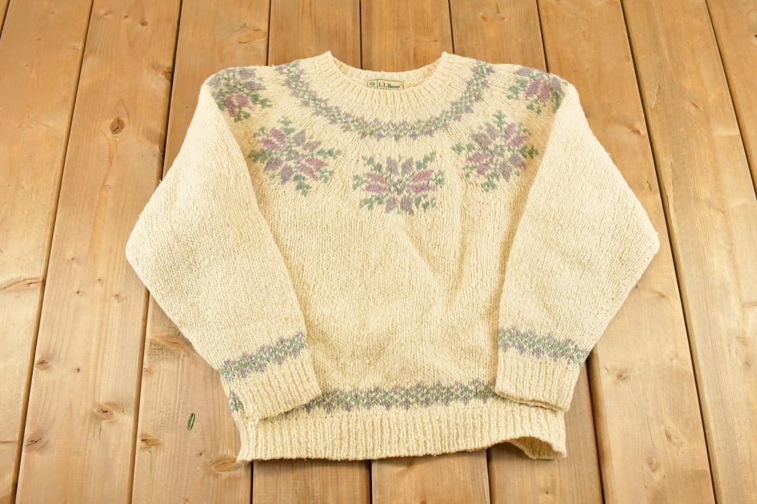 Vintage 1990s LL Bean Wool Knit Crewneck Sweater Women's S / 90's Abstract Pattern 3D Knitted Sweatshirt