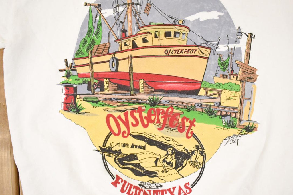 Vintage 1990s Fulton Oysterfest Cartoon Tug Boats FAB Graphic Print Crewneck Sweatshirt Mens S