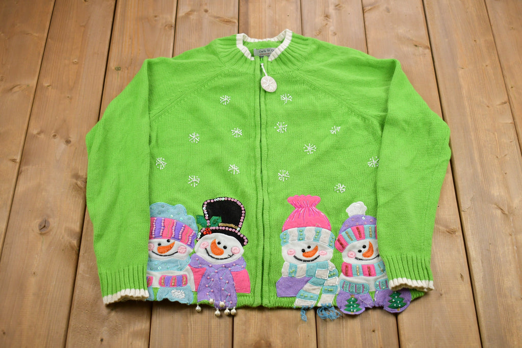 Vintage Carly St. Claire Snowman Embroidered Zip Up Christmas Sweater , 90s Holiday Crewneck , Winter Wear , Festive Graphic Print