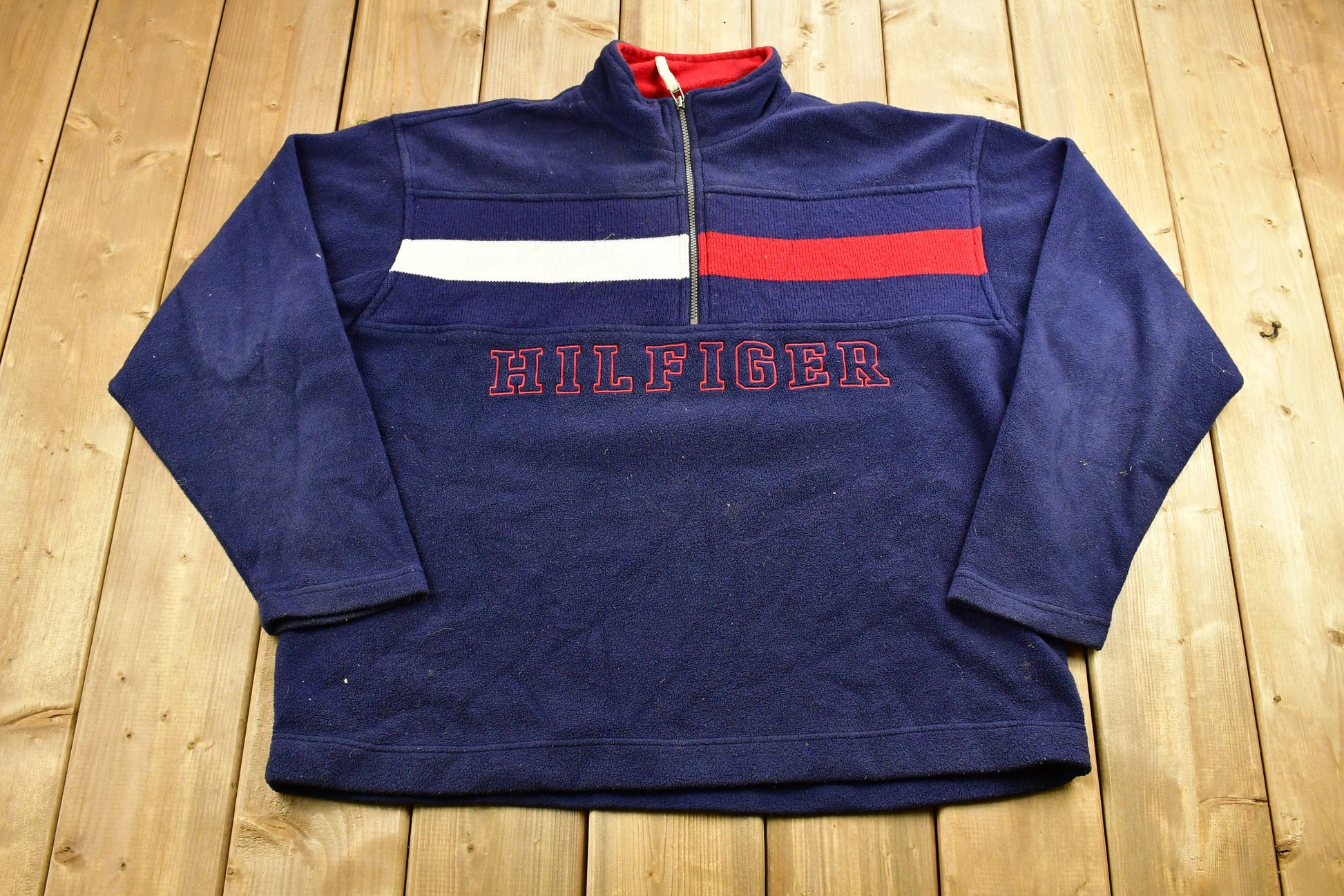 Vintage 1990s Tommy Hilfiger Flag Graphic Quarter Zip Fleece Sweater