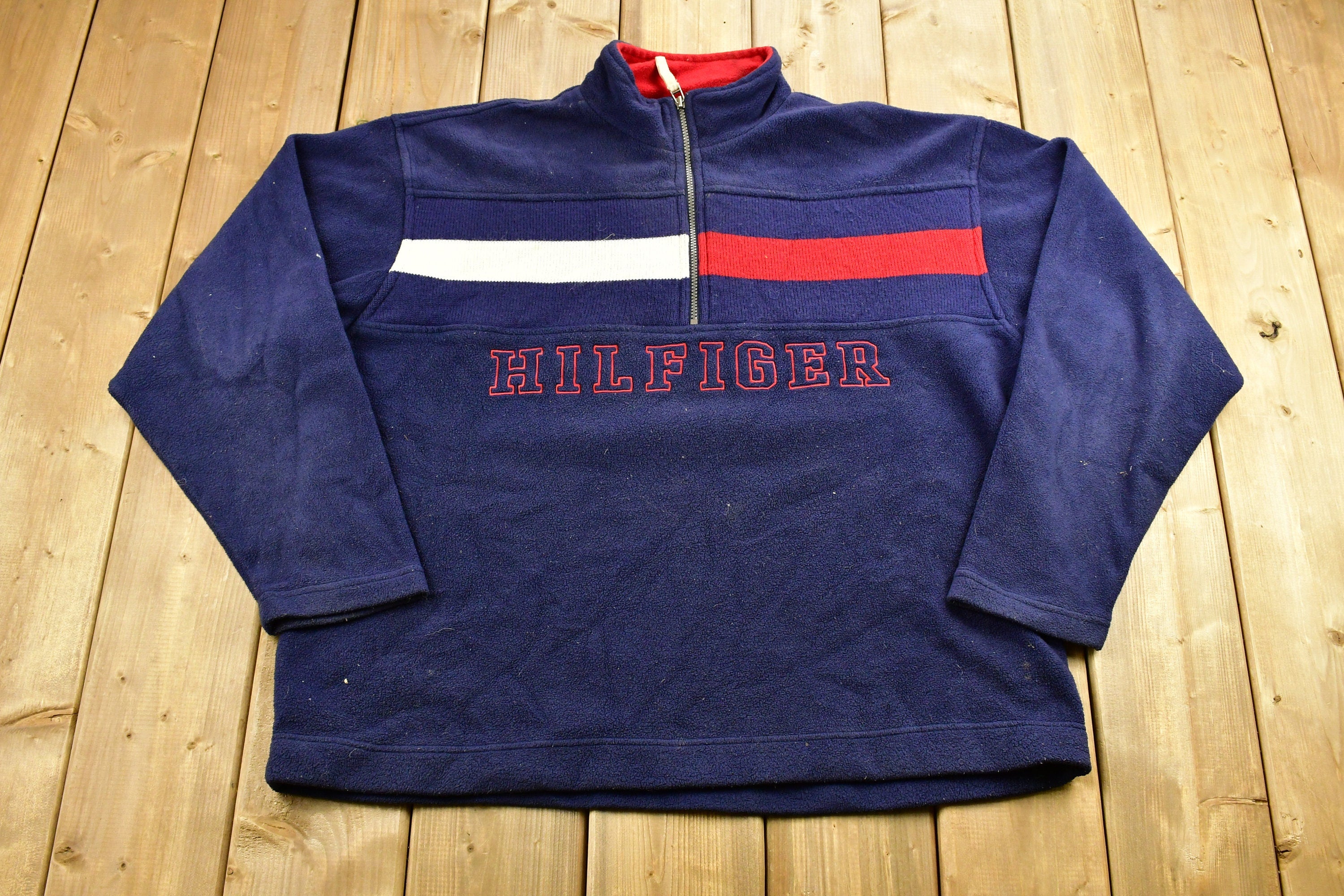 Vintage 1990s Tommy Hilfiger Flag Graphic Quarter Zip Fleece Sweater
