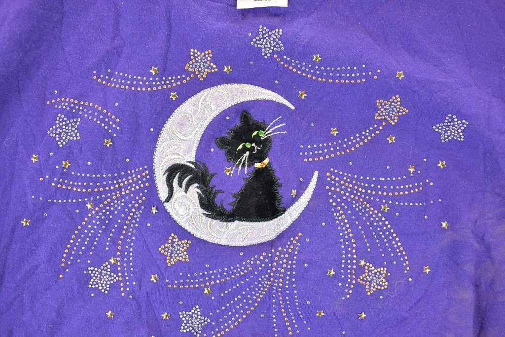 Vintage 1990s Witchy Black Moon Cat Double Collar Crewneck Sweatshirt Men's M