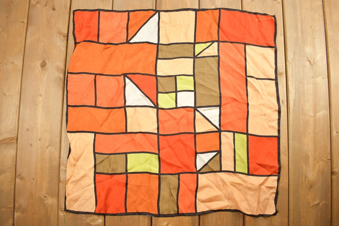 Vintage 1980s Abstract Geometric Pattern Stain Glass Style Print Scarf