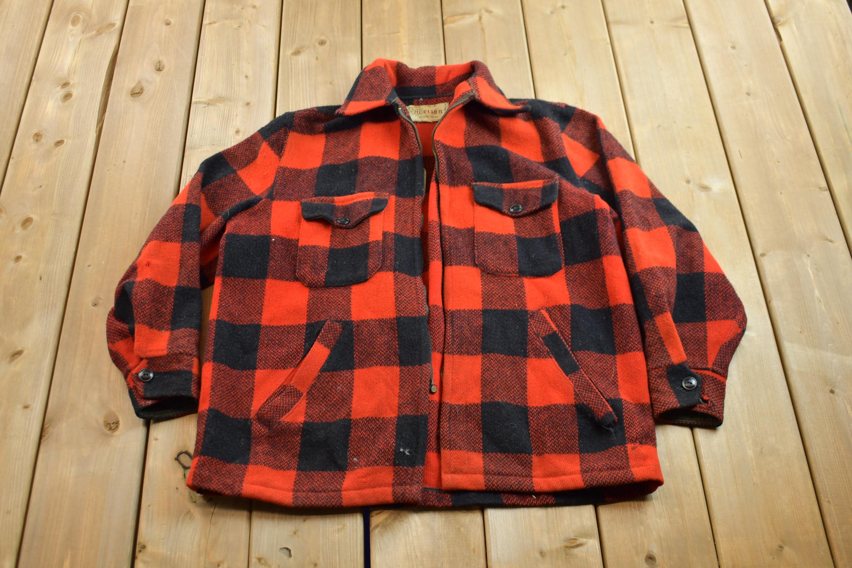 Vintage 1950s Buffalo Plaid Wool Button Up Shirt Back Vent