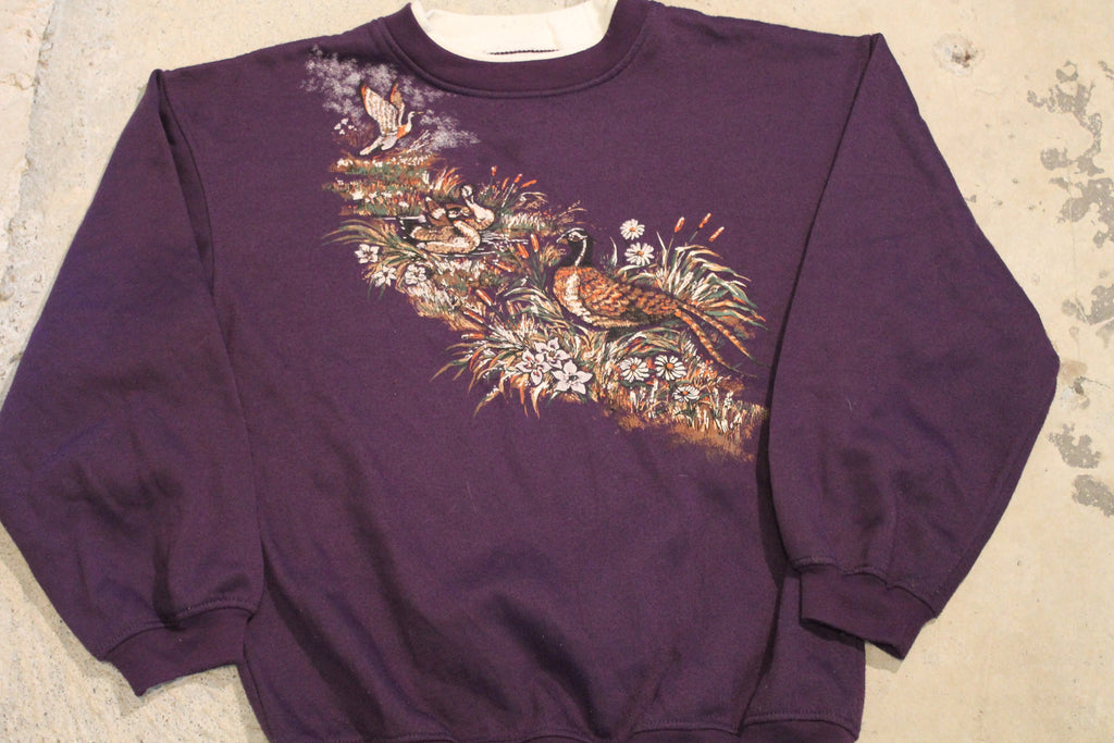 Vintage 1990s Nature Graphic Crewneck Sweater / Vintage Purple Sweatshirt / Animal Print / Wilderness & Outdoors / Basic Editions