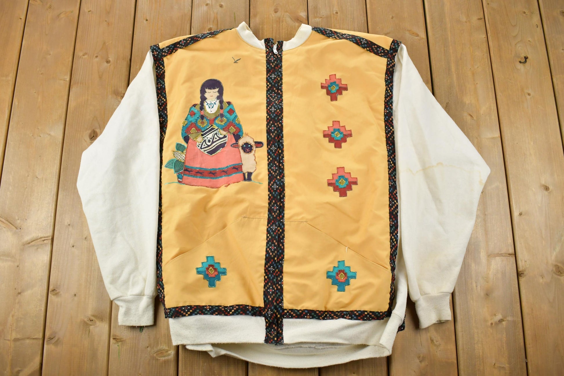 Vintage 1990s Aztec Sheep Button Up Crewneck / Souvenir / Vintage Sweatshirt / Outdoorsman / Wilderness Sweatshirt / Made In USA