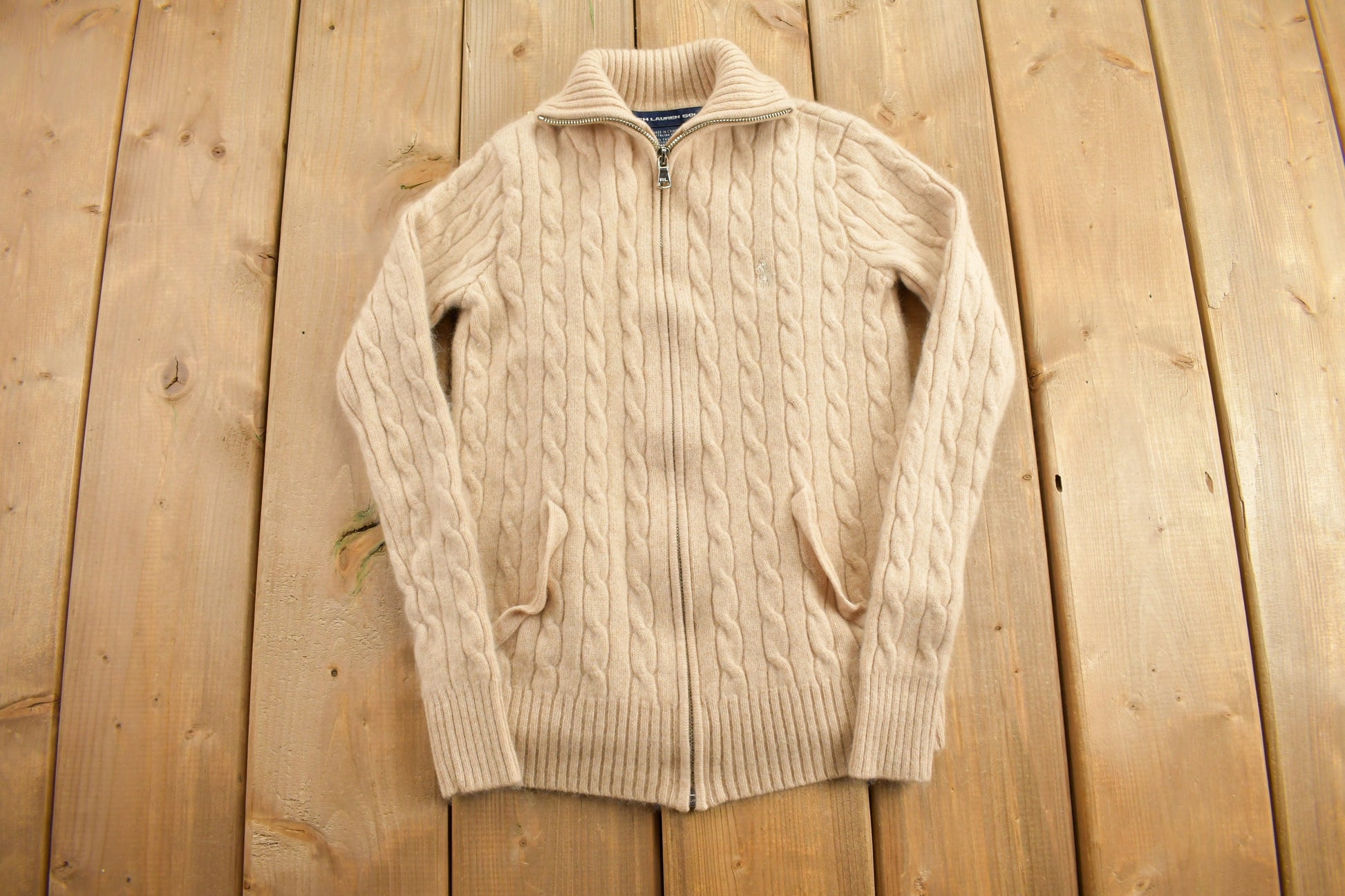 Vintage 1990s Ralph Lauren Golf Cable Knit Cashmere Zip Up Sweater