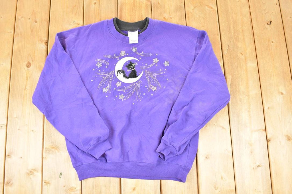 Vintage 1990s Witchy Black Moon Cat Double Collar Crewneck Sweatshirt Men's M
