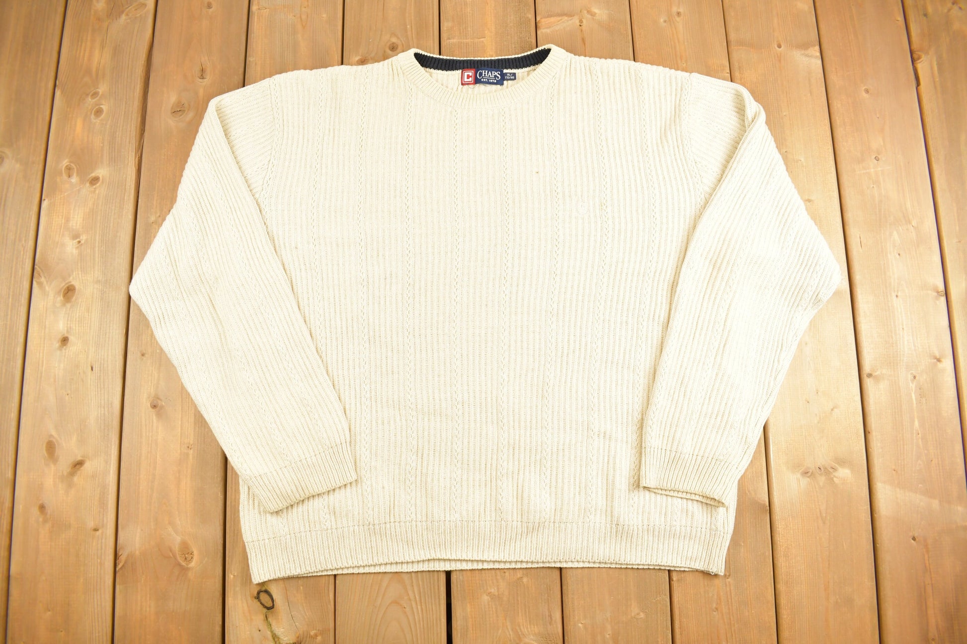 Vintage 1990s Chaps Ralph Lauren Beige Knitted Sweater / Vintage 90s Crewneck / Pattern Sweater / Outdoor / Pullover Sweatshirt