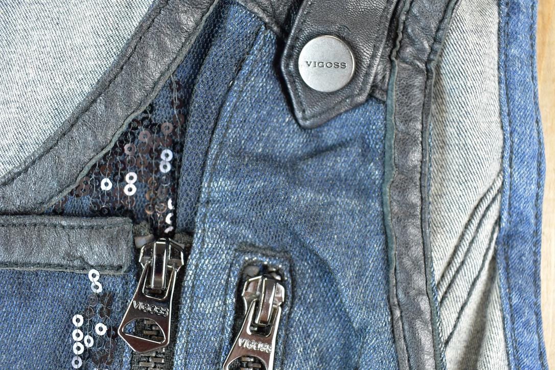 Women Vintage Vigoss Y2K Denim Vest / Vigoss Grunge Skull Print / Contrast Stitch / Internet Famous Clothing / Over Dyed