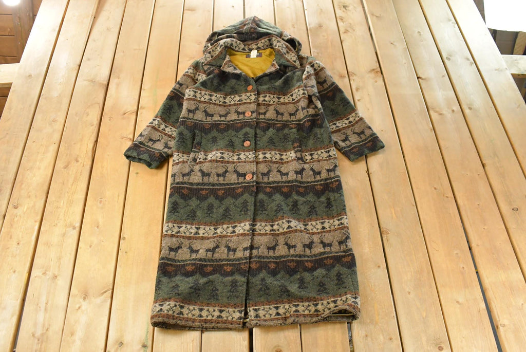 Vintage 1990s Woolrich Nature Pattern Wool Trench Duster Jacket Women's Large