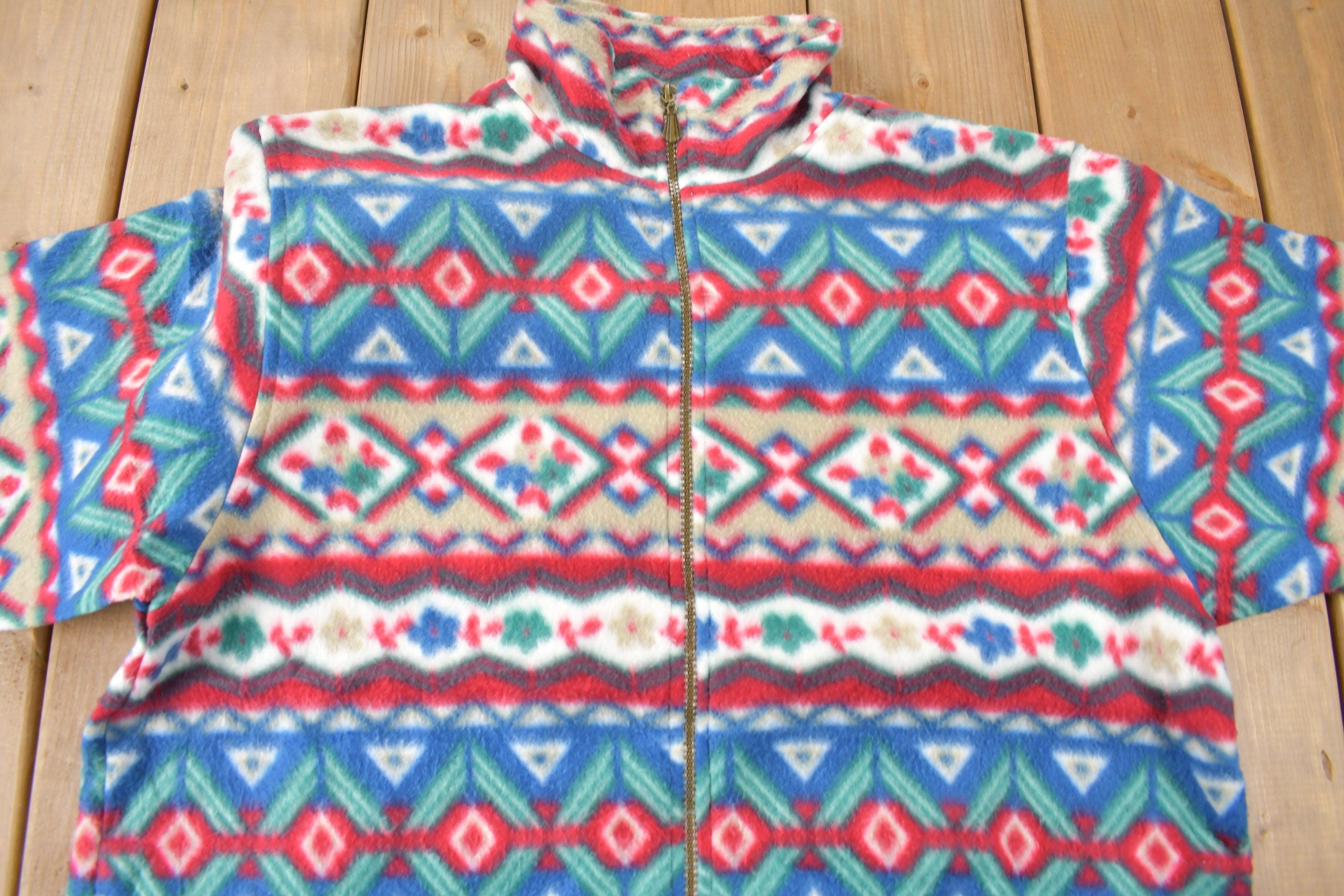 Vintage 1990s Alfred Dunner All Over Print Zip Up Fleece Sweater Size Woman's Medium