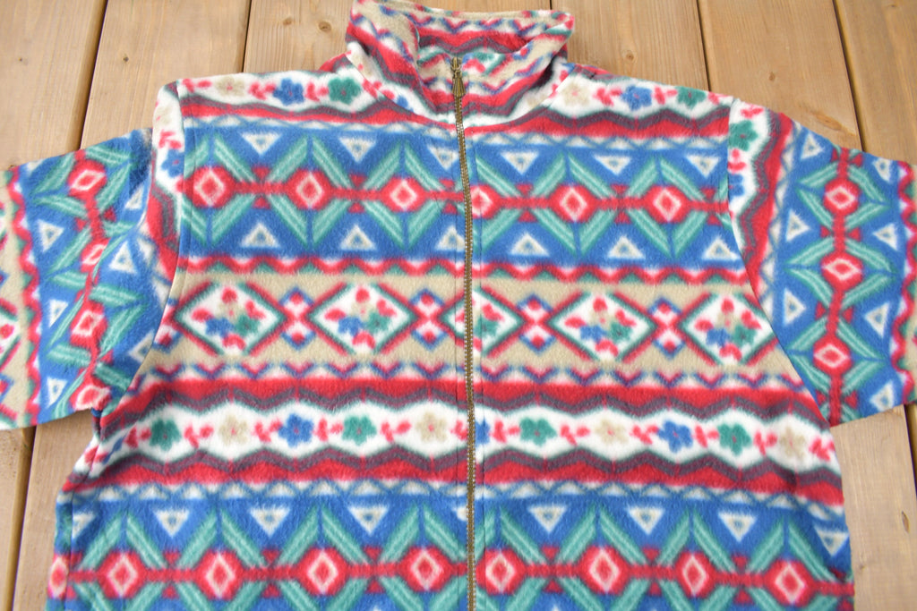 Vintage 1990s Alfred Dunner All Over Print Zip Up Fleece Sweater Size Woman's Medium