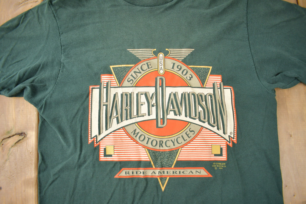 Vintage 1991 Harley Davidson Ride American Single Stitch 3D Emblem T-Shirt Made In USA