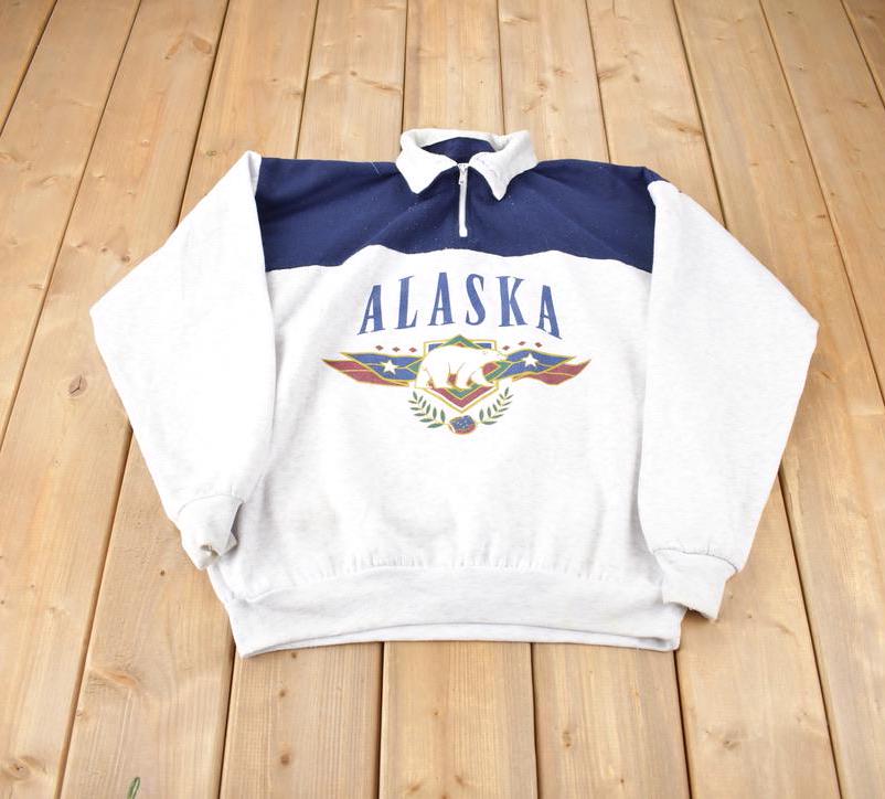 Vintage 1990s Alaska Quarter Zip Polar Bear Souvenir Travel Crewneck Sweatshirt