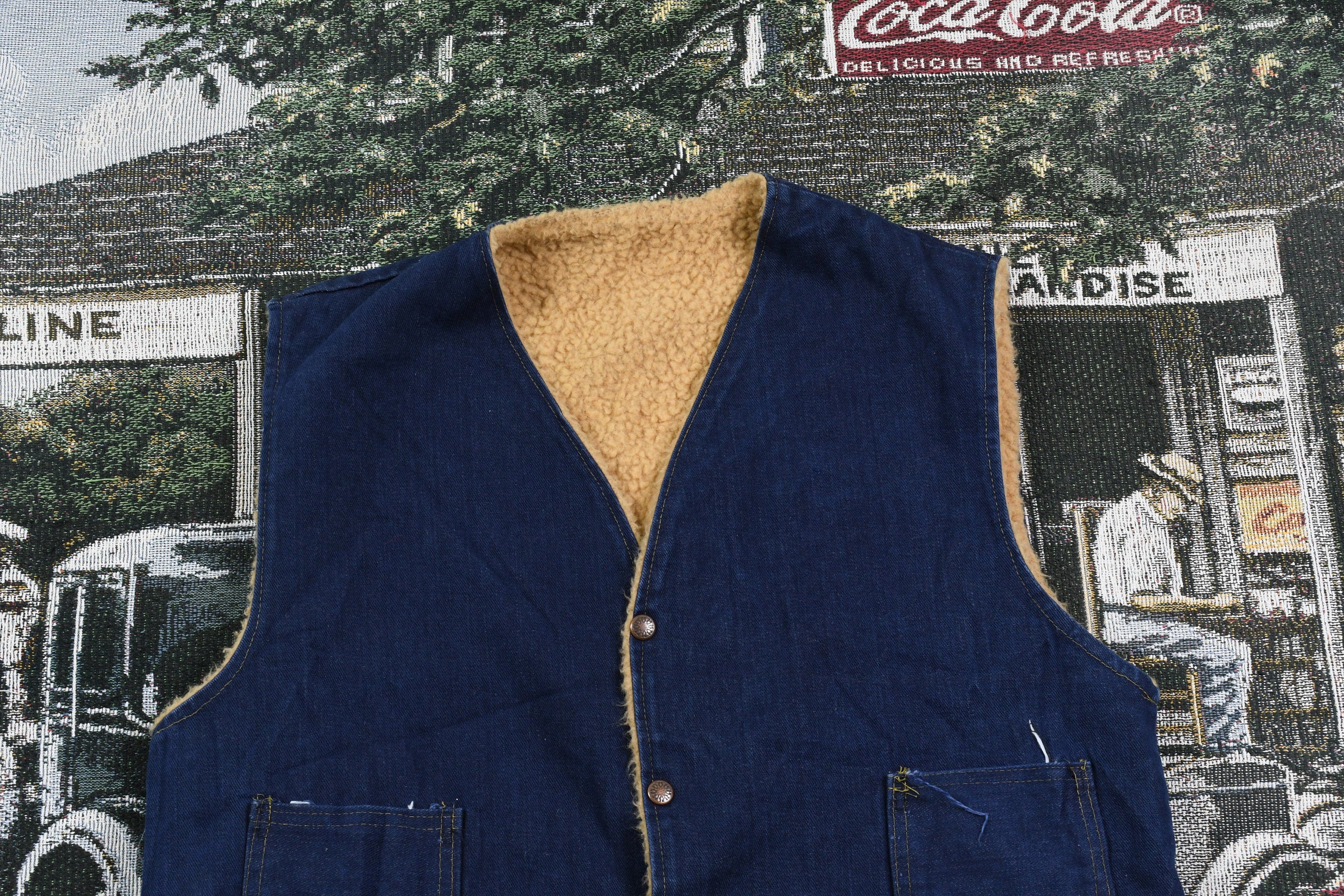 Vintage 1980s Fleece Lined Denim Button Up Vest