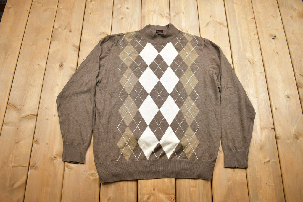 Vintage 1990s 100% Wool Knit Argyle Mock Neck Sweater