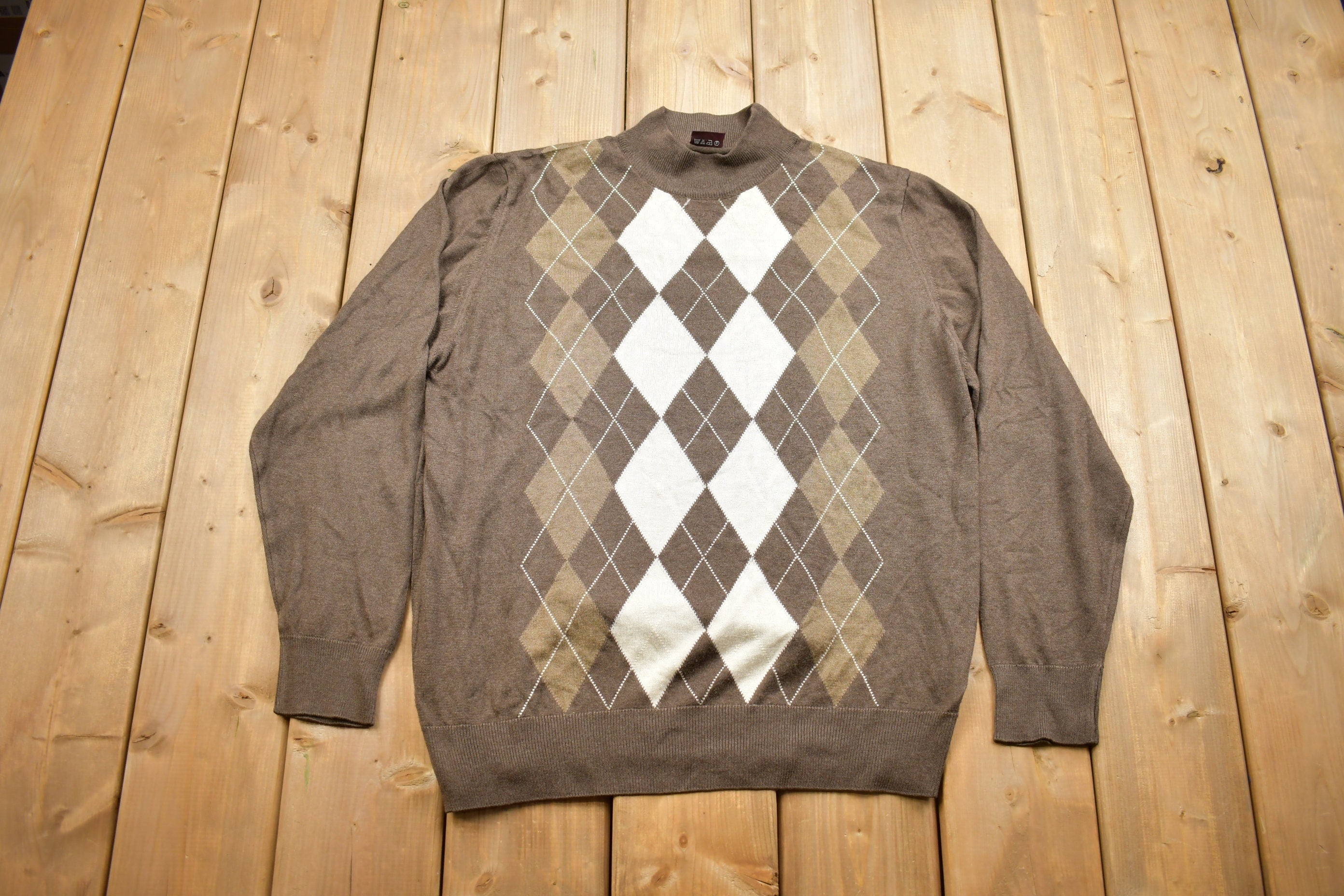 Vintage 1990s 100% Wool Knit Argyle Mock Neck Sweater