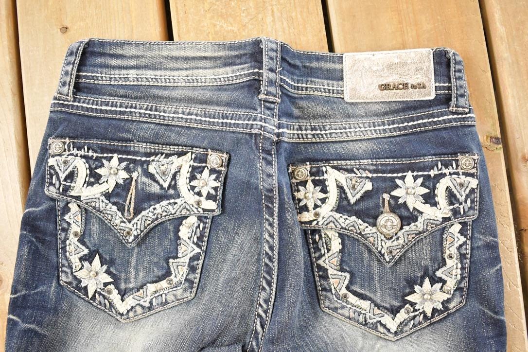 Vintage Deadstock Y2K Grace In LA Bedazzled Low Rise Jeans Women's Size 27 x 32