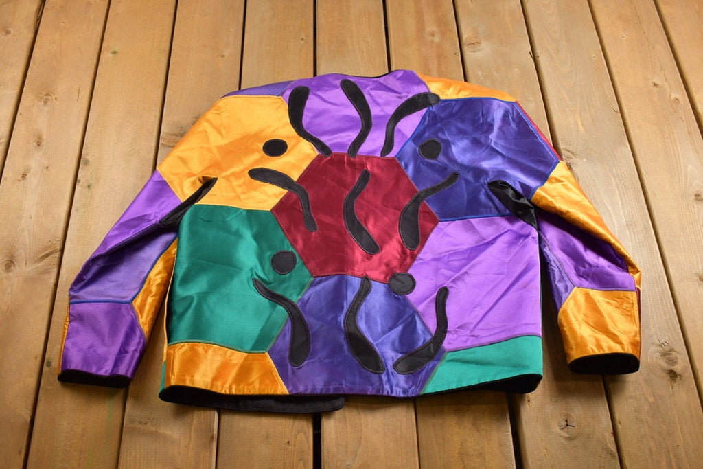 Vintage 1980s Abstract Geometric Pattern Patchwork Satin Bomber Jacket