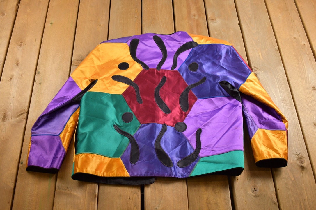 Vintage 1980s Abstract Geometric Pattern Patchwork Satin Bomber Jacket