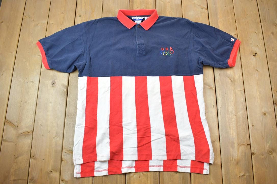 Vintage 1990s Champion USA Olympics American Flag Quarter Button Up Shirt