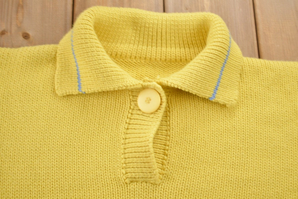 Vintage 1990s Knitted Striped Big Button Sweater / Vintage 90s Yellow Crewneck / Pattern Sweater / Outdoor / Pullover Sweatshirt