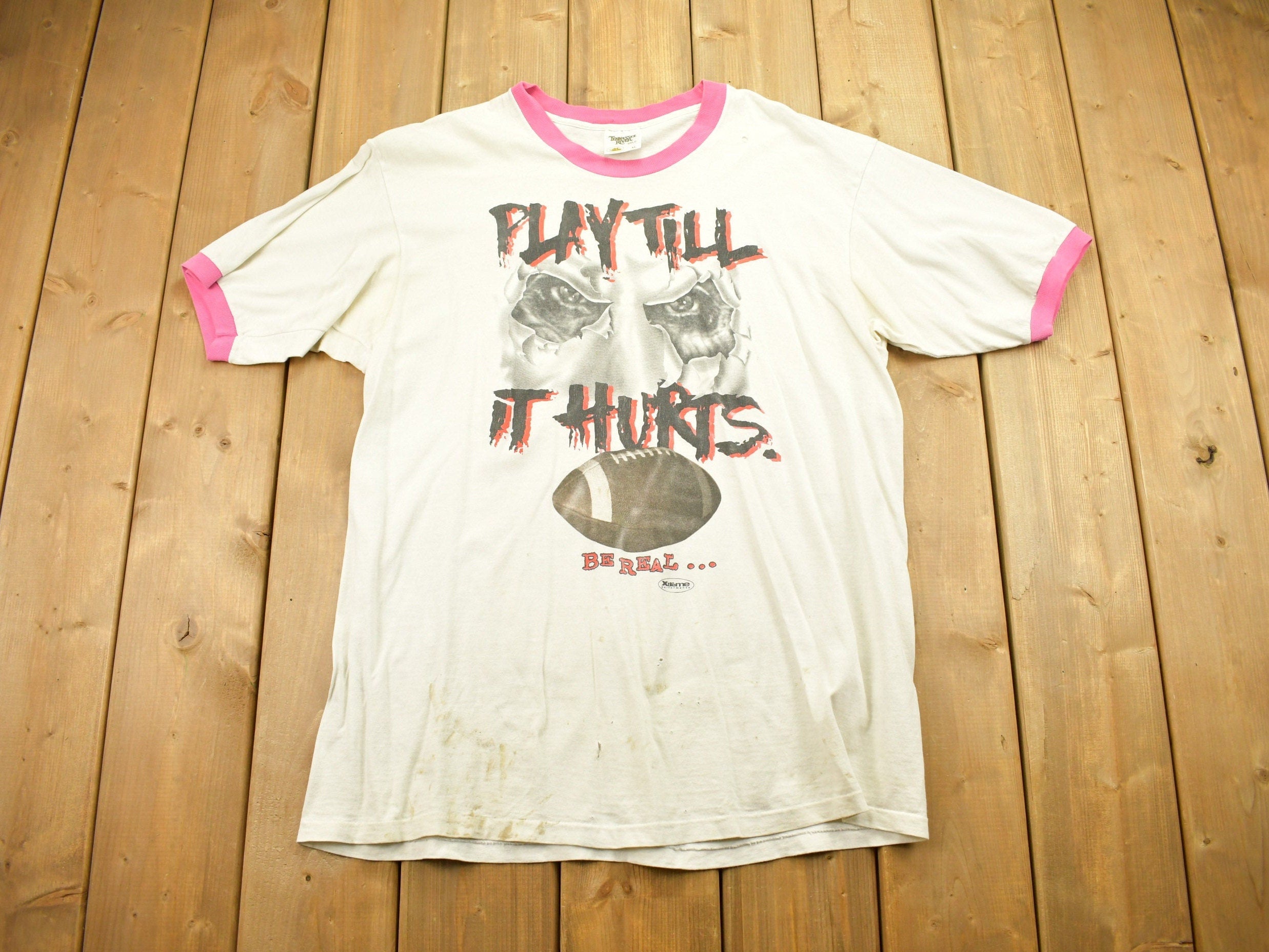 Vintage 1990s Play Till It Hurts Football Graphic Ringer T Shirt