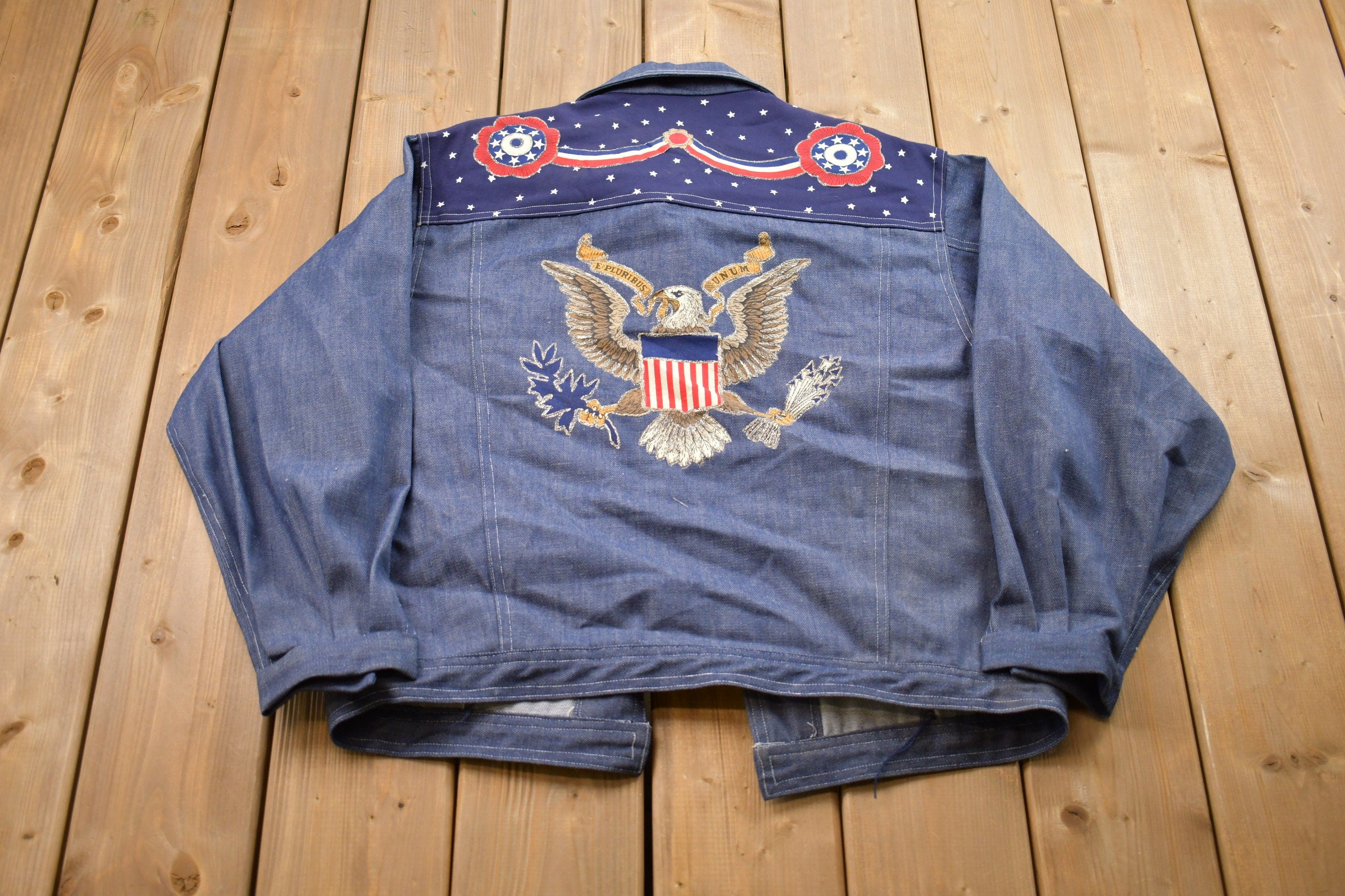 Vintage 1990s USA Eagle Embroidered Denim Jean Jacket