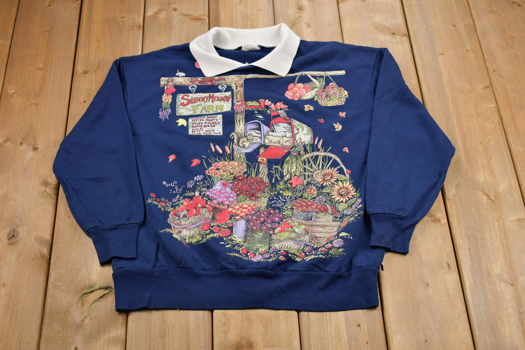 Vintage Sunny Meadow Farm Graphic Collared Sweatshirt