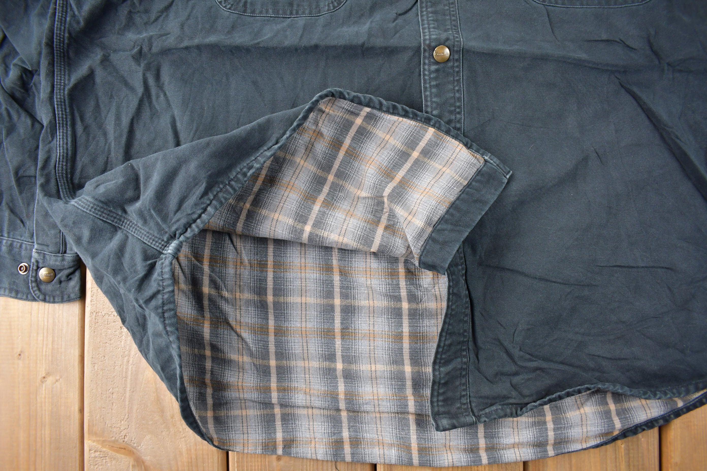 Vintage 1990s Distressed Carhartt Plaid Lined Light Weight Snap Button Jacket Size 2XL