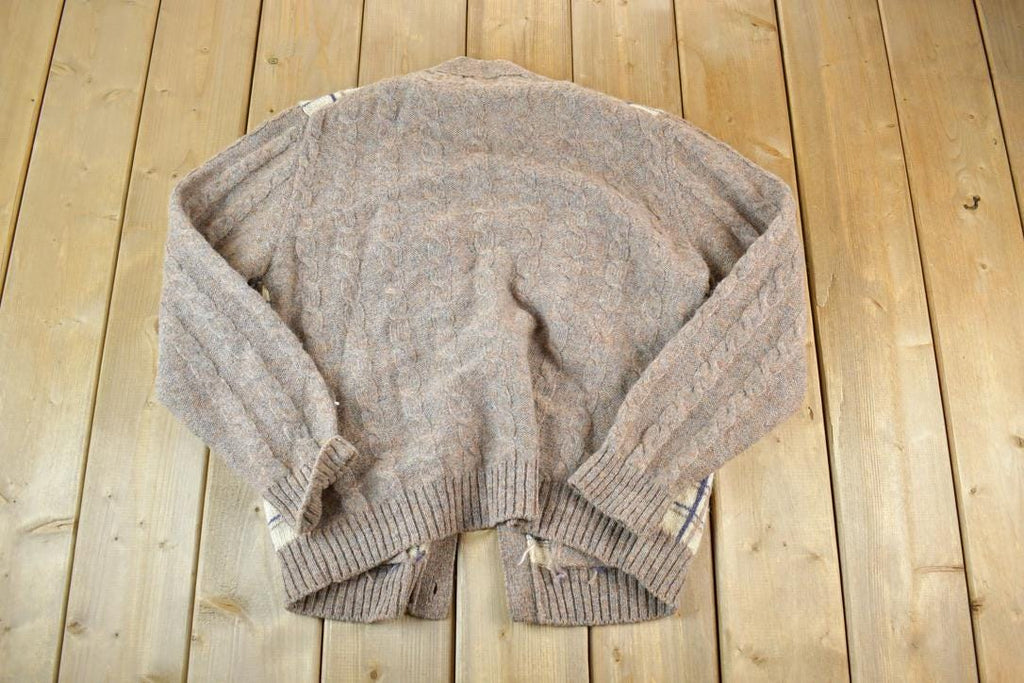Vintage 1980s Alan Flusser 100% Wool Plaid Knit Perfect Mild Distress Cardigan Sweater Made In USA
