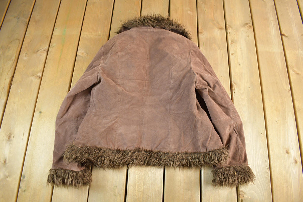 Vintage 1990s Cherry Leather Fur Trim Penny Lane Coat Women's Small