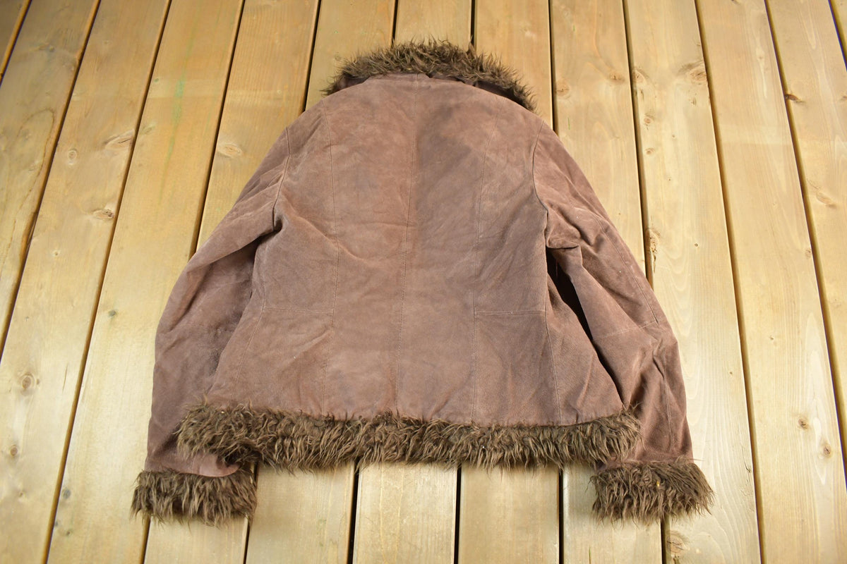 Vintage 1990s Cherry Leather Fur Trim Penny Lane Coat Women's Small