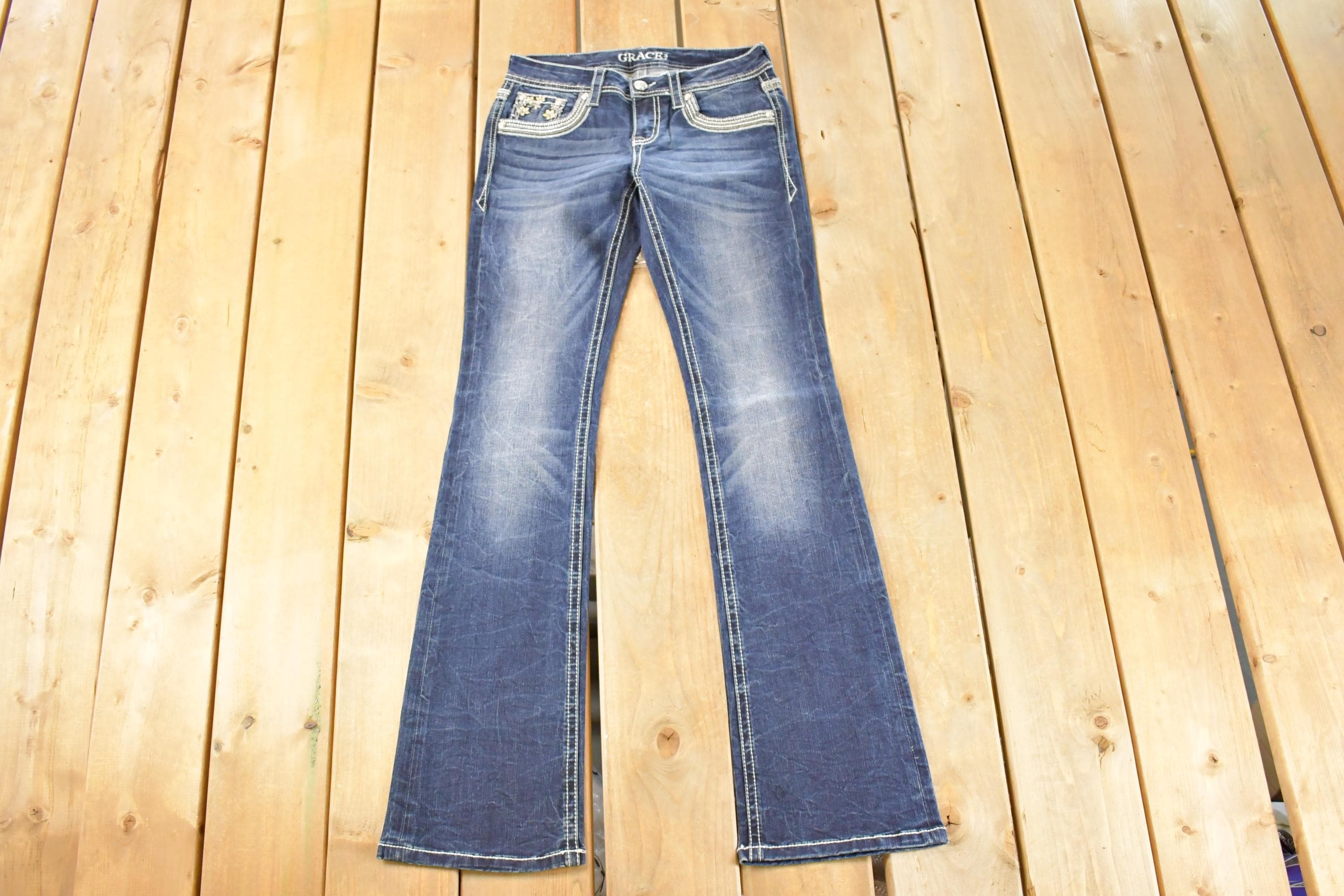 Vintage Deadstock Y2K Grace In LA Bedazzled Bootcut Low Rise Jeans Women's Size 26 x 32