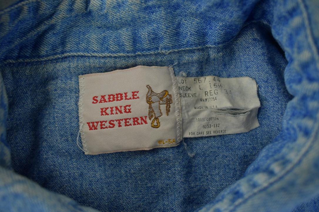 Vintage 1990s Saddle King Western Denim South Western Style Pearl Snap Button Up Rodeo Shirt