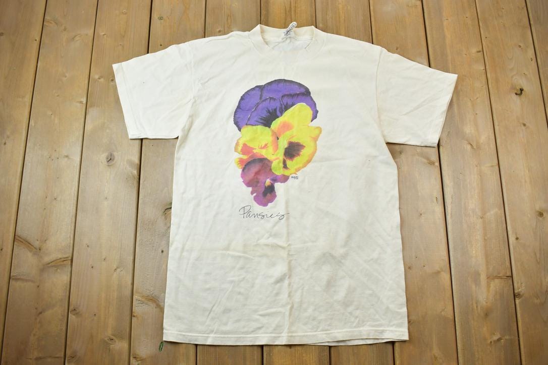 Vintage 1990s Pansies Flowers Maze Heavy Cotton Graphic T-Shirt