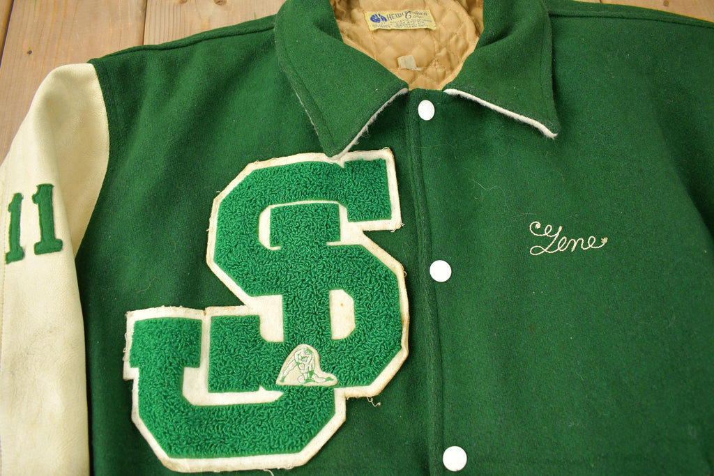 Vintage 1990s St Josephs Varsity Wrestling Leather & Wool Varsity Jacket Made In USA Size 44