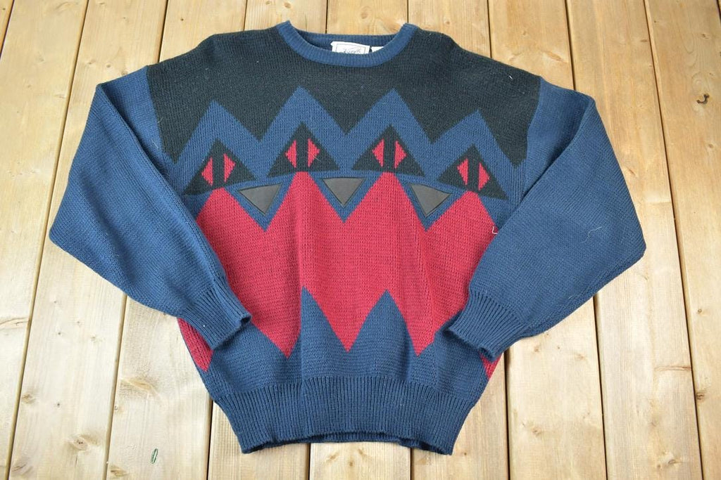 Vintage 1990s Forsyth Tradition Leather Patch Knit Abstract Pattern Crewneck Sweater Made In 90s Crewneck