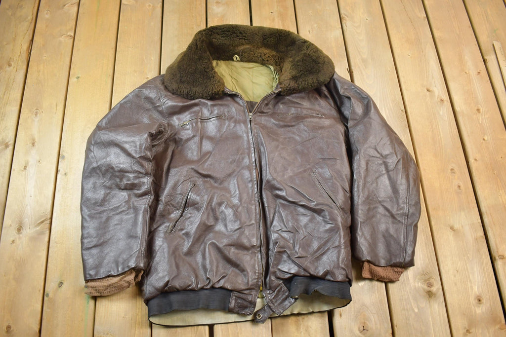 Vintage 1990s Brown Leather Bomber Shearling Collar Jacket Made In USA