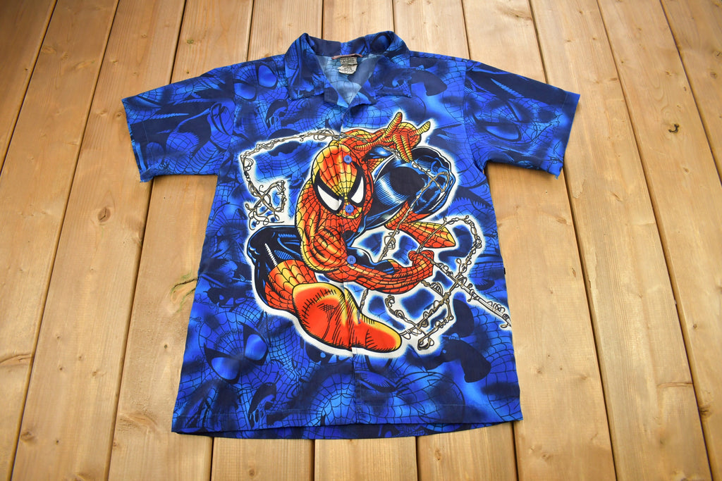 Vintage 2002 Spiderman All Over Print Button Up T-Shirt