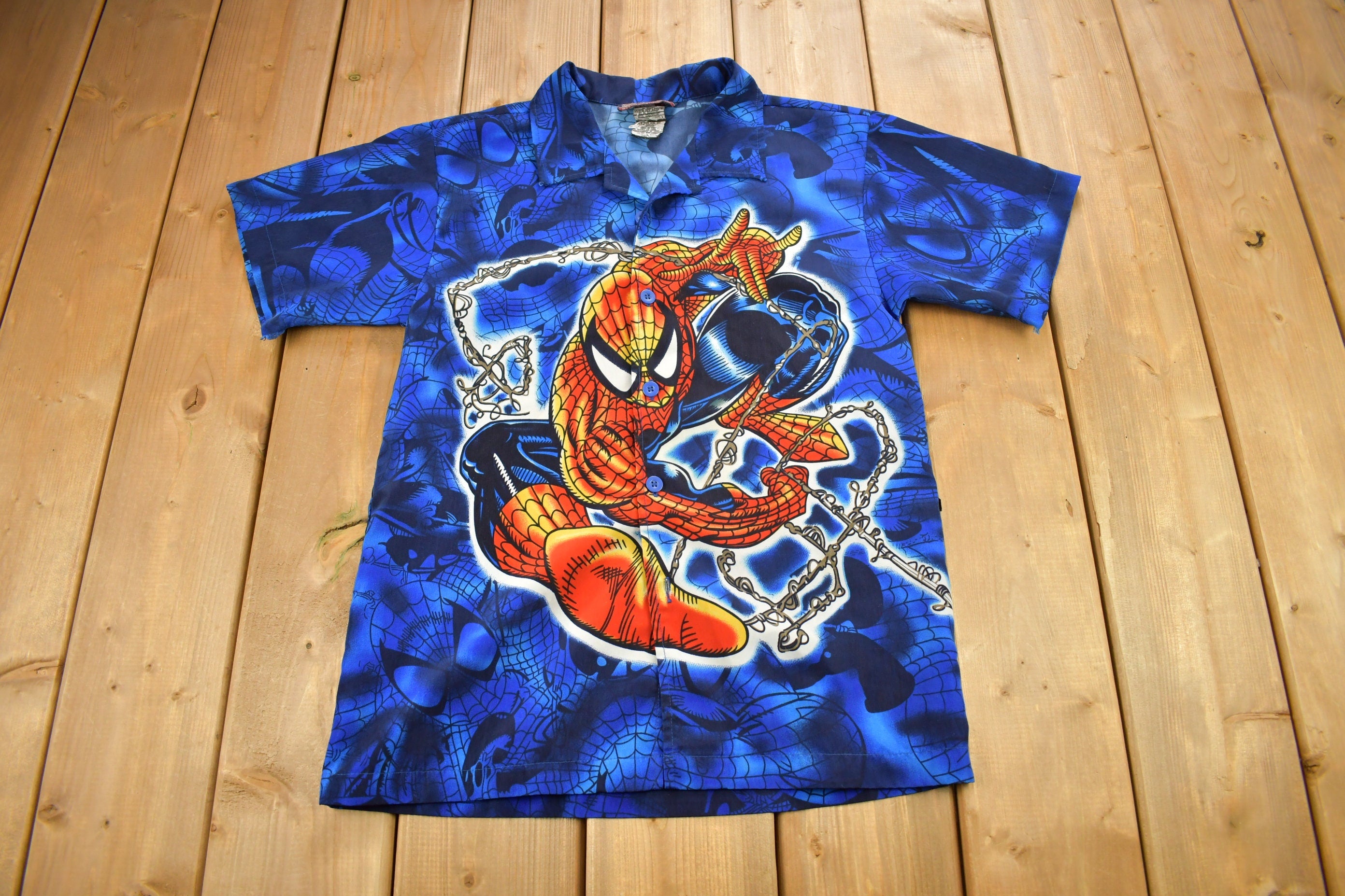 Vintage 2002 Spiderman All Over Print Button Up T-Shirt