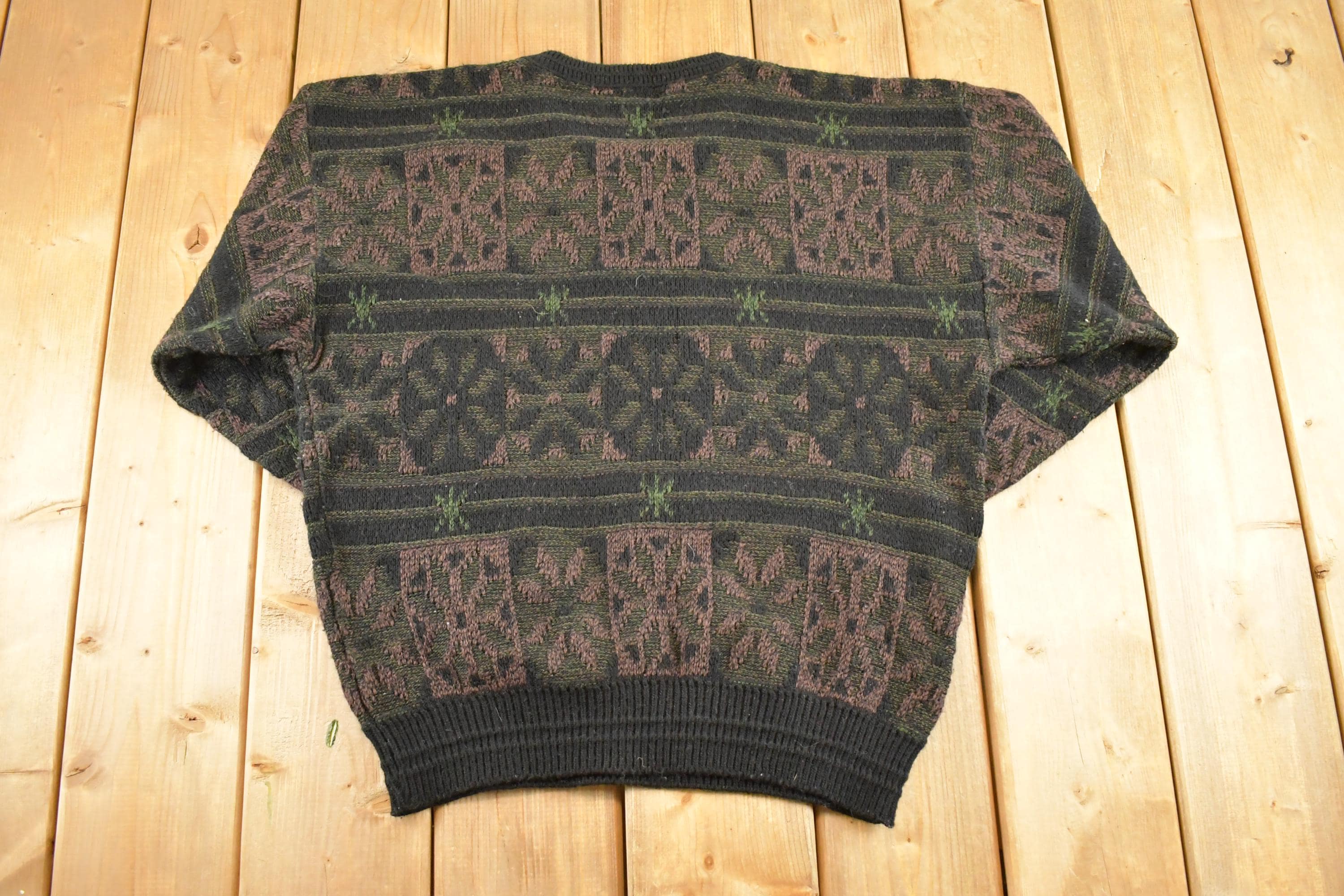 Vintage 1990s Jantzen Knit Crewneck Sweater Men's M / 90's Abstract Pattern 3D Knitted Sweatshirt