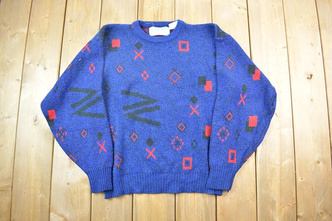 Vintage 1990s Helium Blue Abstract Pattern Knit Crewneck Sweater