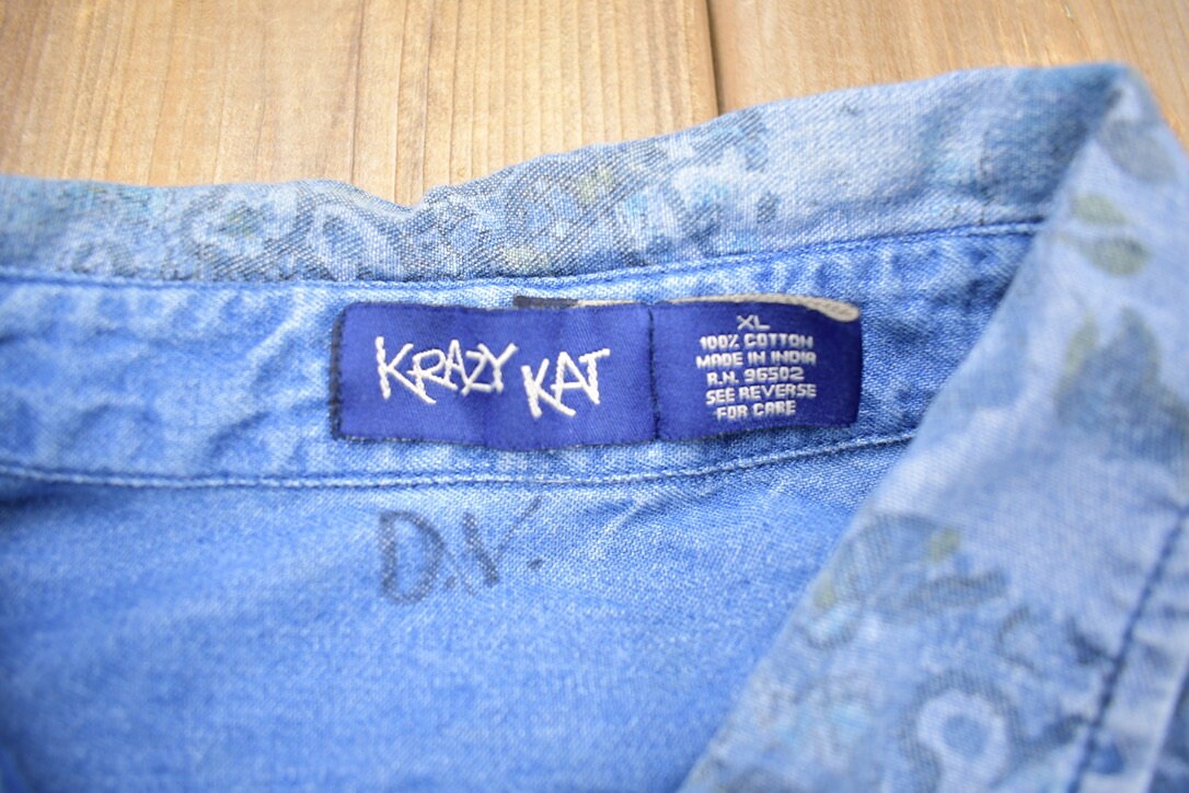 Vintage 1990s Krazy Kat Denim Button Up Shirt / Denim / Abstract Pattern / Casual Shirt / Formal Shirt