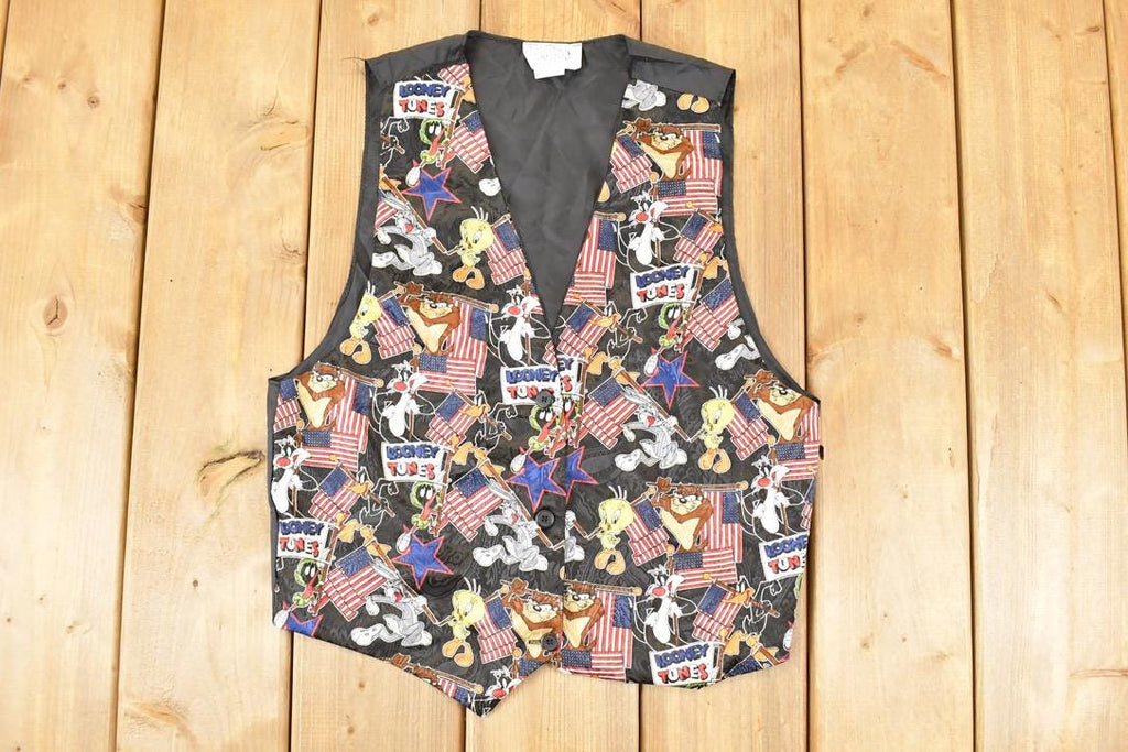 Vintage 1990s Looney Tunes Gang Abstract Warner Bros Button Up Vest Men's M