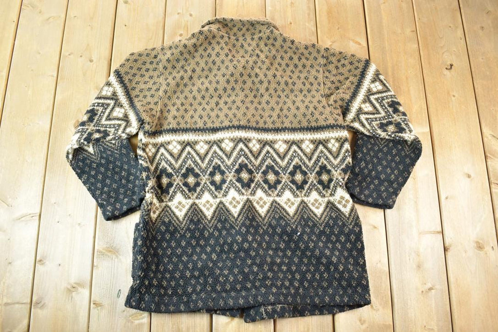 Vintage 1990s Muskoka Lakes All Over Print Abstract Pattern Button Up Fleece Sweater Mens L / 90s Knit Crewneck / Vintage Preppy Knits /